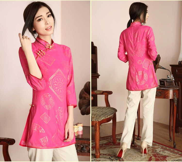 Pretty Print Back Zip Cheongsam Qipao Shirt - Pink - Chinese Shirts