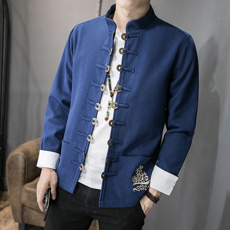 Awesome Embroidery Open Button Chinese Jacket Blue Chinese Jackets