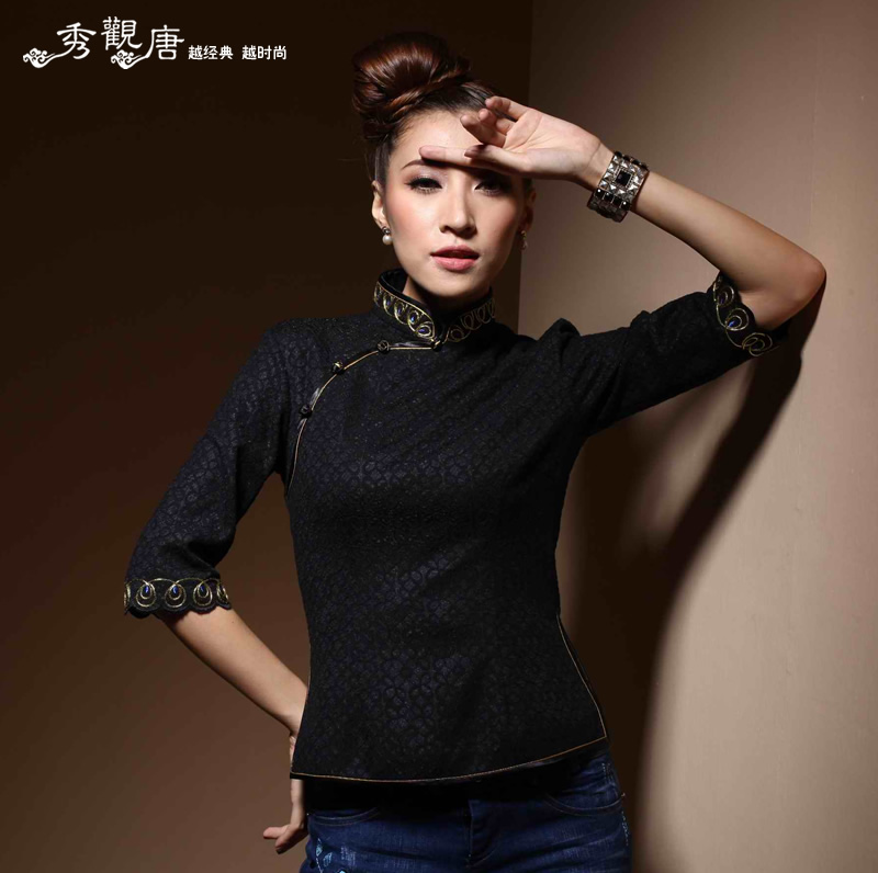 Fantastic Modern Black Lace Qipao Style Short Shirt Chinese
