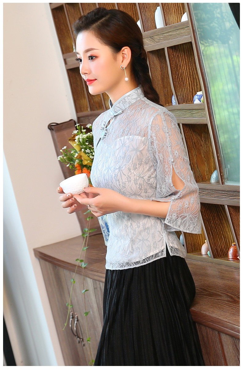 Attractive Floral Lace Qipao Cheongsam Shirt - Gray - Chinese Shirts