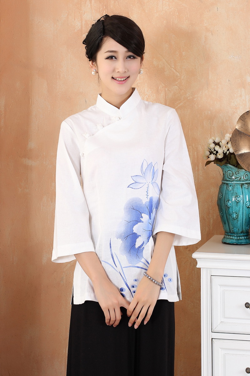 Lotus Flowers Print Cheongsam Style Blouse - White - Chinese Shirts