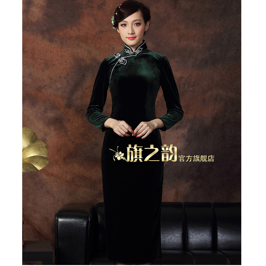 Traditional Velvet Long Cheongsam Dress Dark Green Qipao Cheongsam And Dresses Women
