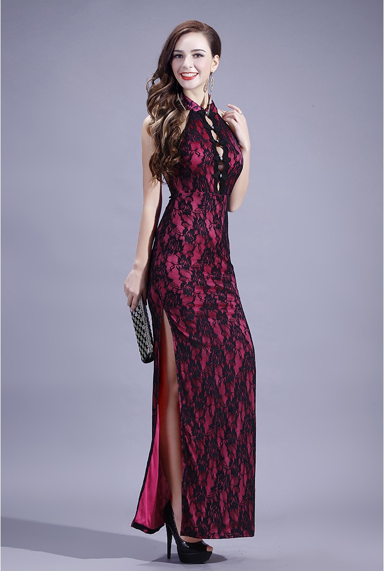 Modern Sleeveless Long Lace Qipao Cheongsam Dress - Pink - Qipao