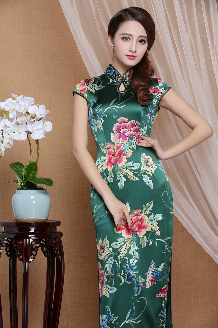 Spectacular Peony Flowers Mid Calf Qipao Cheongsam Dress Green