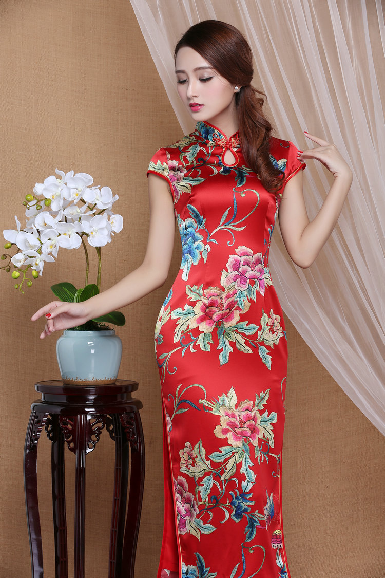 Spectacular Peony Flowers Mid Calf Qipao Cheongsam Dress Red Qipao Cheongsam And Dresses Women