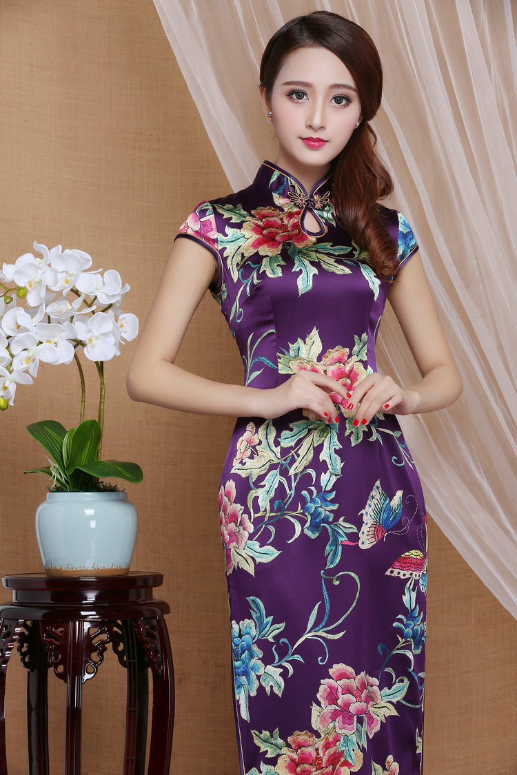 Spectacular Peony Flowers Mid Calf Qipao Cheongsam Dress Purple