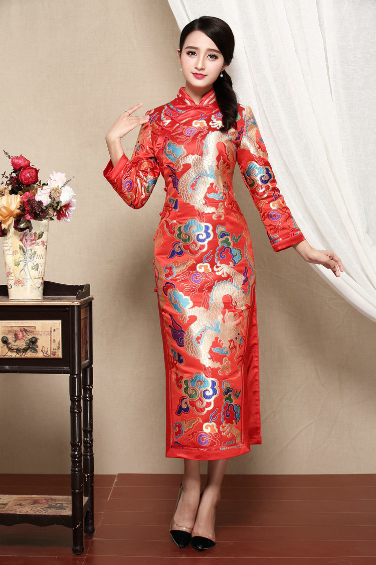 Gorgeous Dragon Brocade Mid-calf Cheongsam Qipao Dress - Qipao