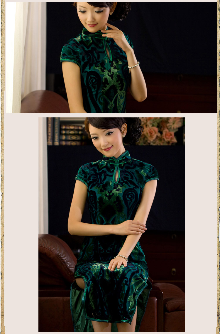 Luxury Velvet Classical Long Cheongsam Green Qipao Cheongsam And Dresses Women