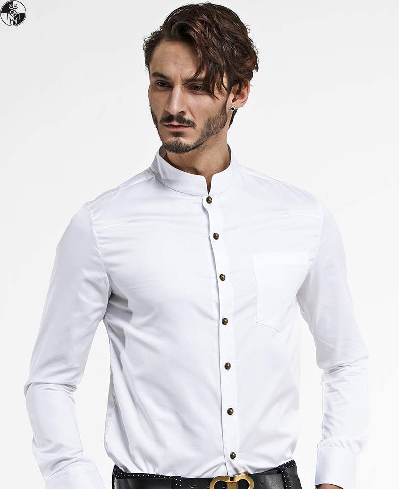 Modern Mandarin Collar Snap Button Shirt - White - Chinese Shirts