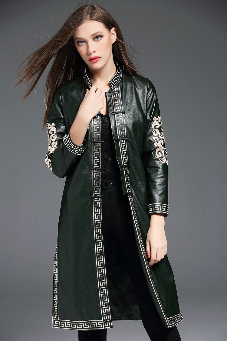 Pretty Embroidery Faux Leather Long Chinese Jacket - Chinese Jackets