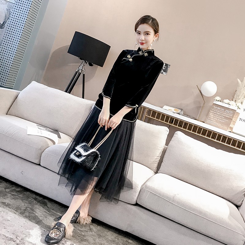 Pretty Back Zip Velvet Cheongsam Qipao Shirt - Black - Chinese Shirts