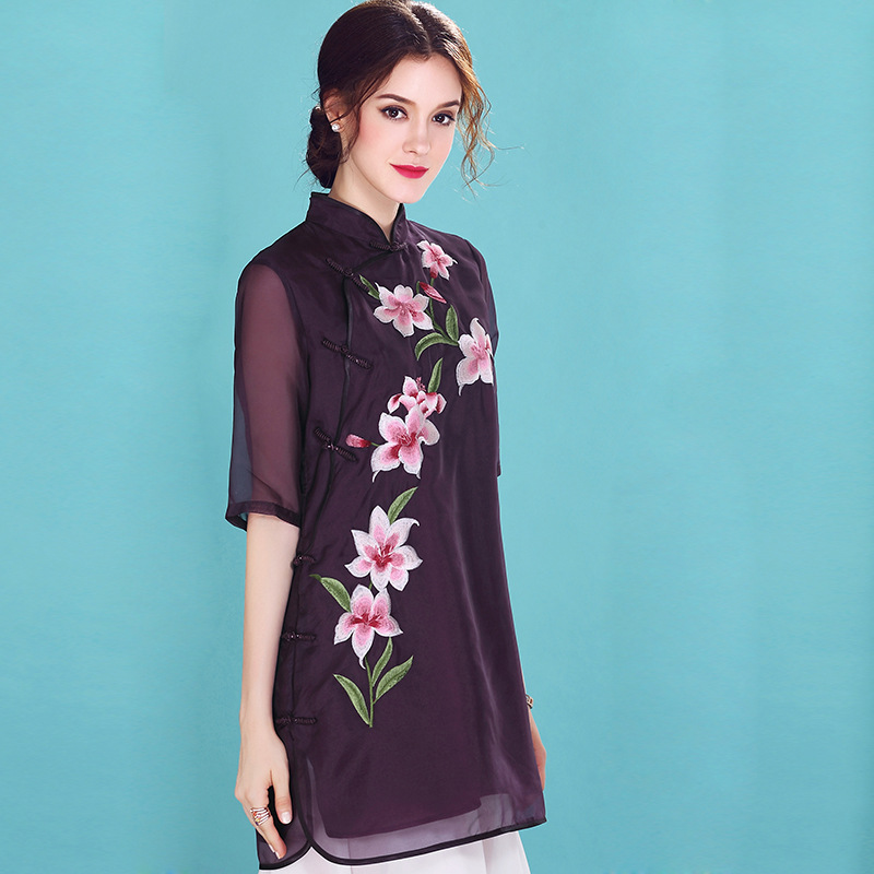 Adorable Embroidery Silk Chiffon Chinese Qipao Blouse - Chinese Shirts ...