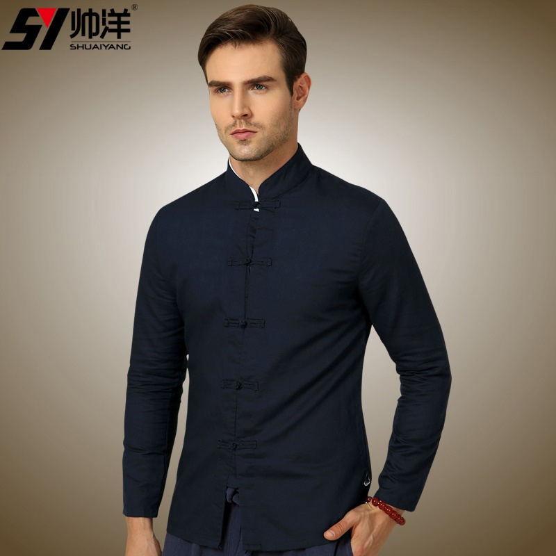 Classical Frog Button Cotton Flax Chinese Shirt - Dark Blue - Chinese ...