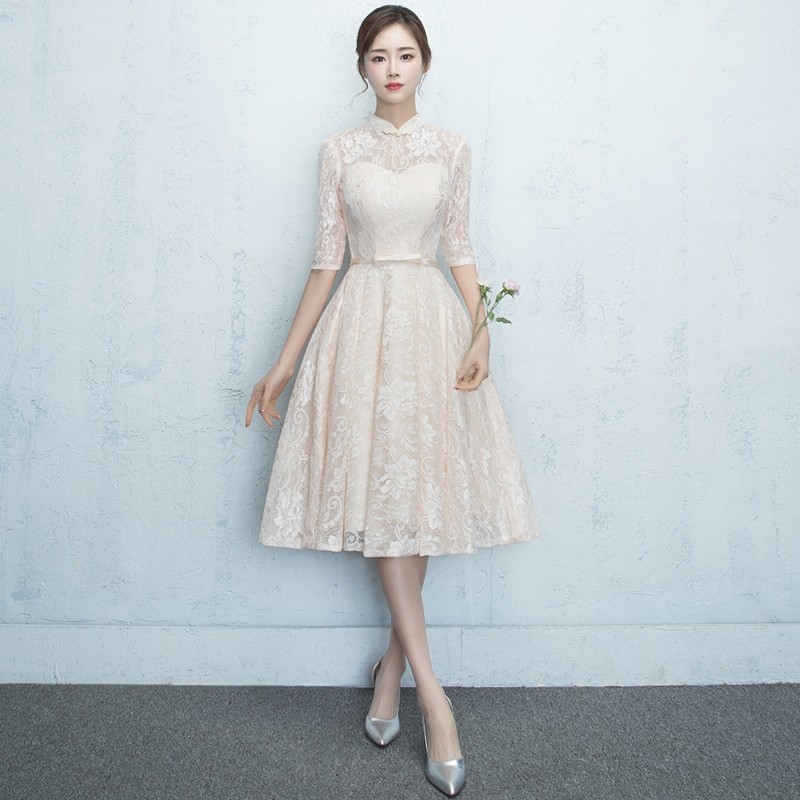 Charming Lace A-line Dress Qipao Cheongsam - Beige - Qipao Cheongsam ...
