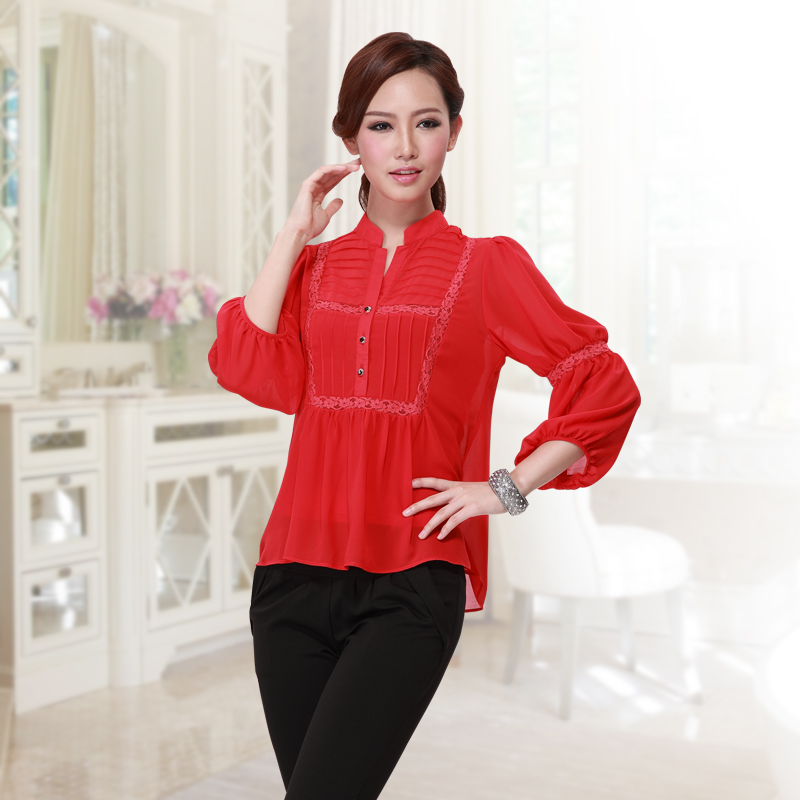 Attractive Open Neck Chiffon Blouse - Red - Chinese Shirts & Blouses ...