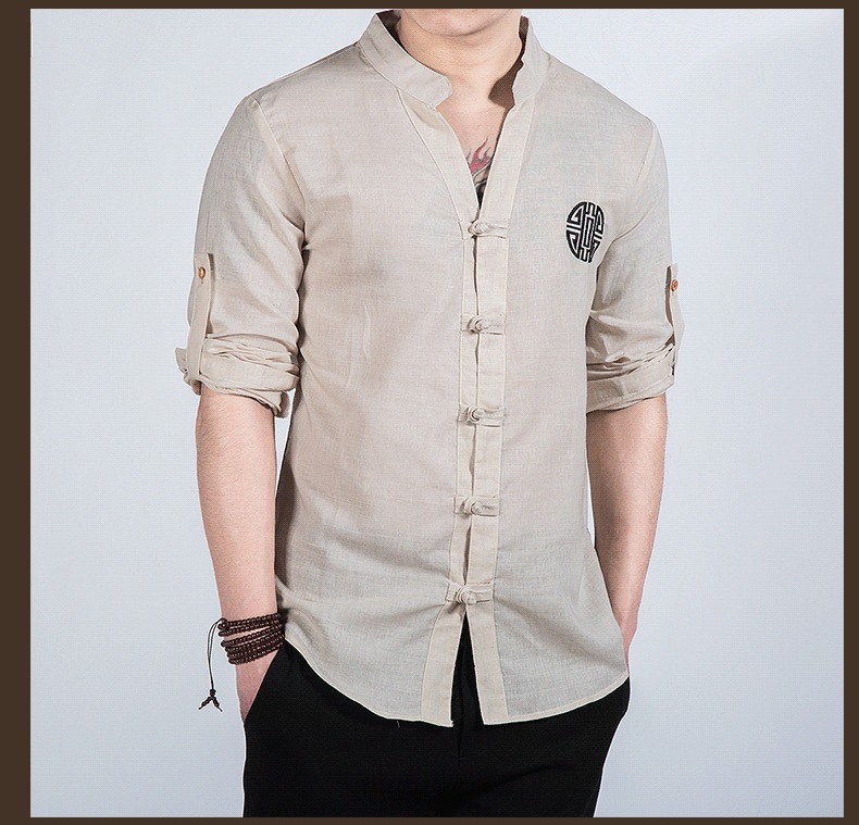 Nice Embroidery Frog Button Mandarin Shirt - Beige - Chinese Shirts ...