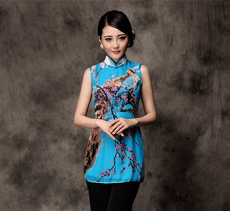 Peacock Sleeveless Cheongsam Style Shirt - Blue - Chinese Shirts ...