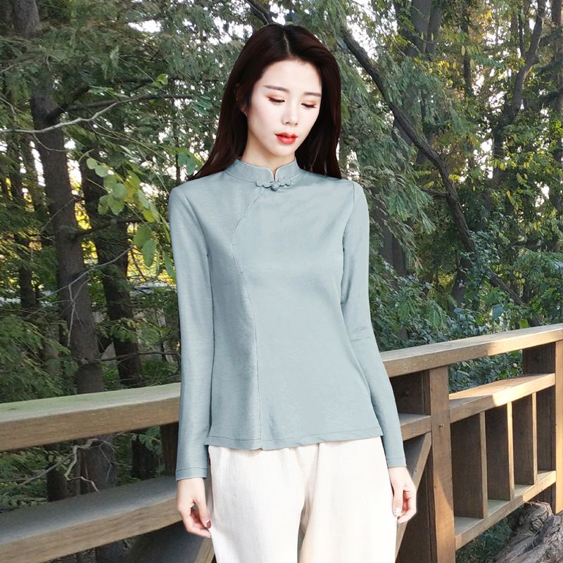 Pretty Long Sleeve Qipao Cheongsam Shirt - Light Green - Chinese Shirts ...