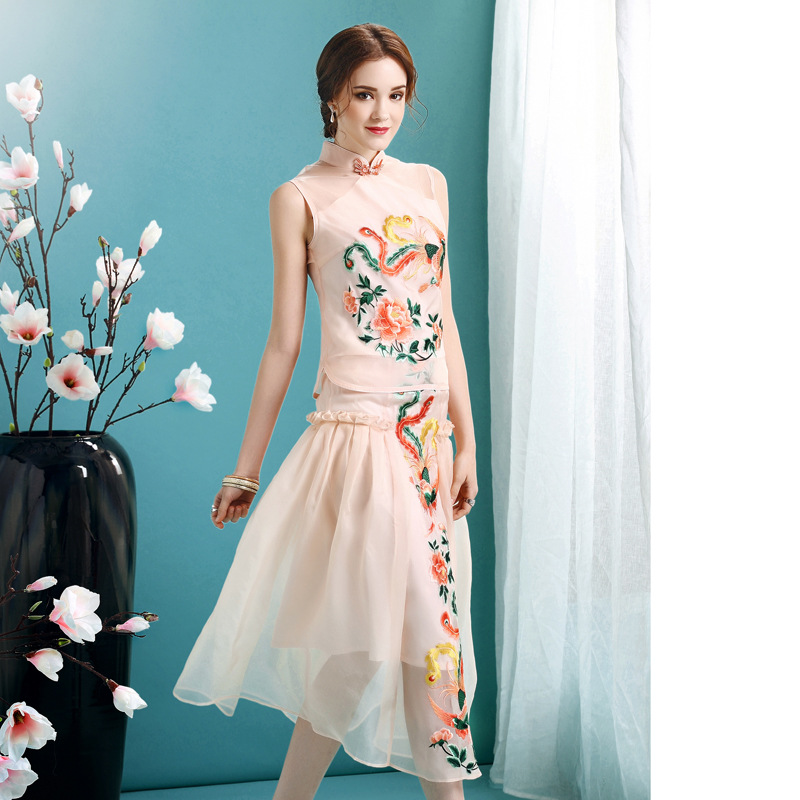 Phoenix Embroidery Cheongsam Qipao Overlay Dress - Pink - Qipao ...