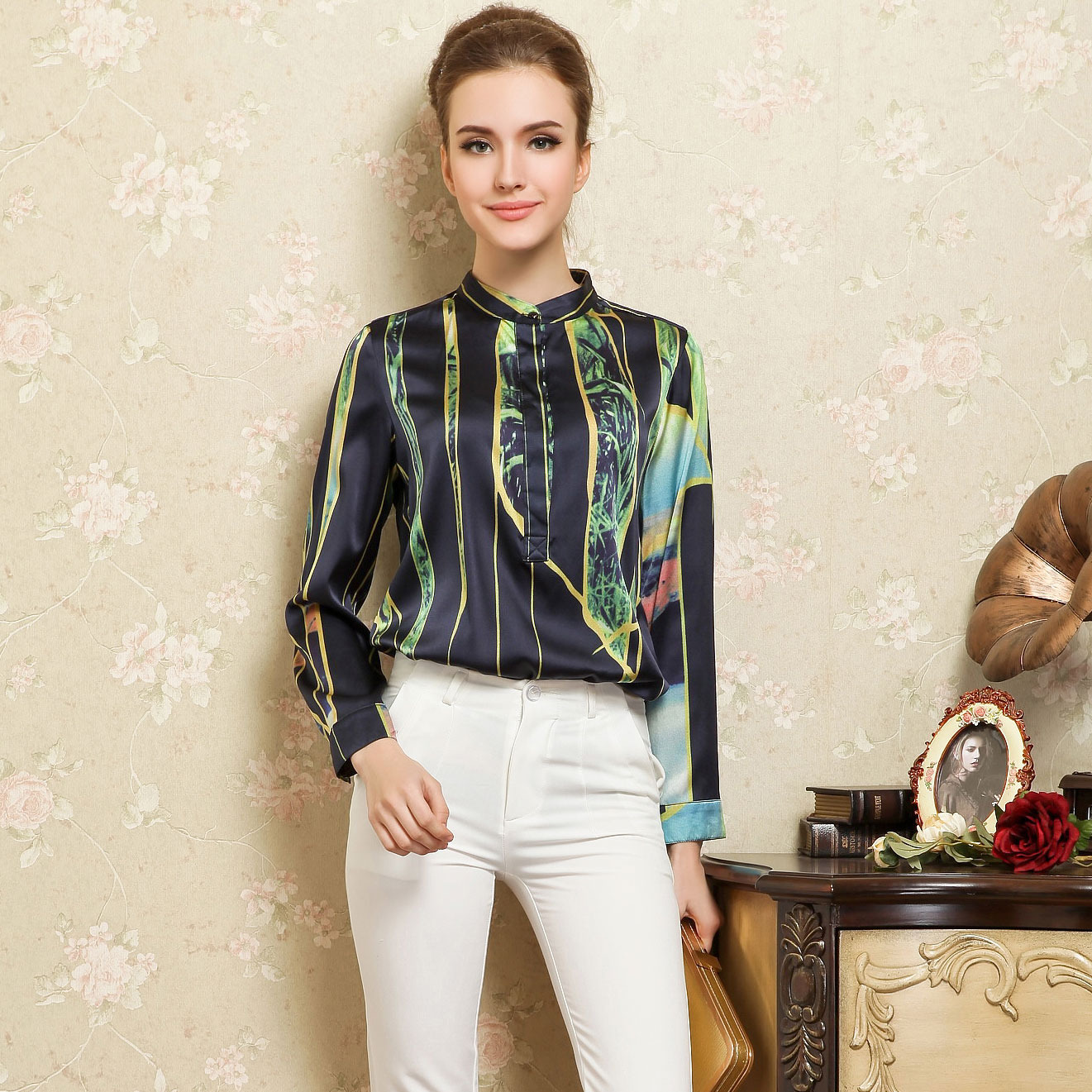 Luxury Silk Attractive Abstract Print Blouse - Blue - Chinese Shirts ...