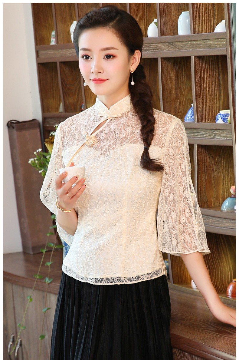 Attractive Floral Lace Qipao Cheongsam Shirt - Beige - Chinese Shirts ...