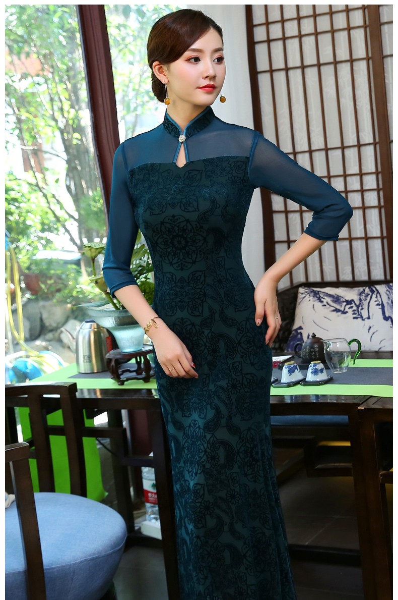 Pretty Velvet Cheongsam Qipao Fishtail Dress - Green - Qipao Cheongsam ...