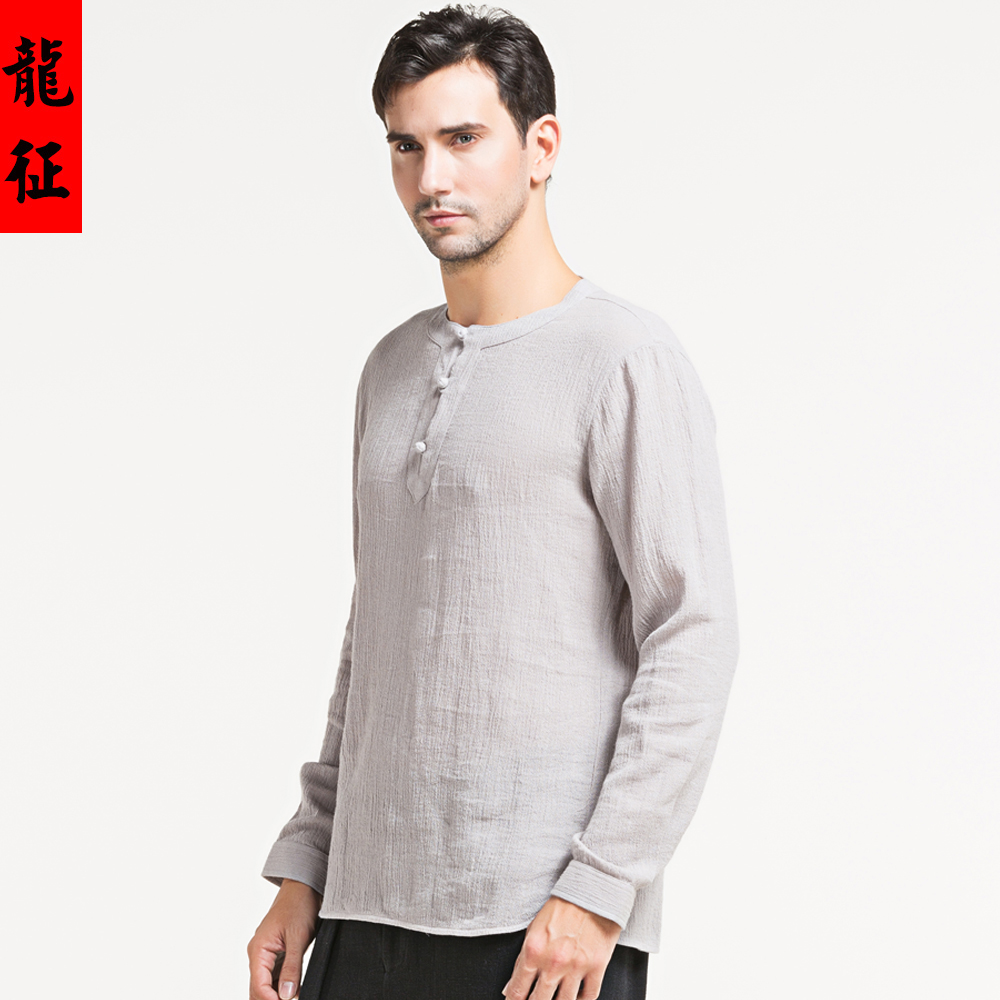 Fabulous Long Sleeve Scoop Neck Oriental Style Shirt - Gray - Chinese ...