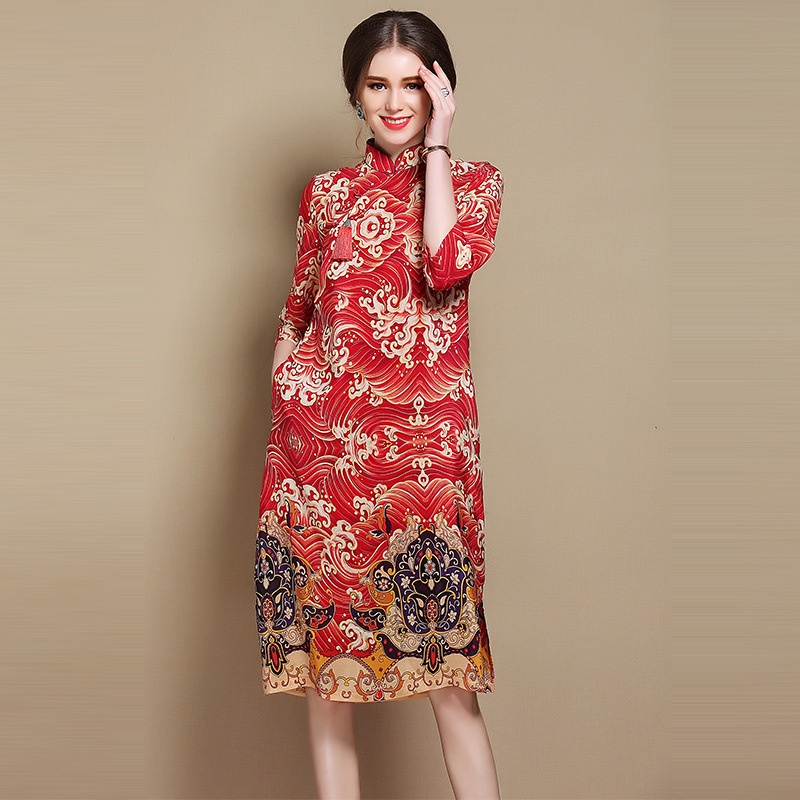Nice Paisley Pattern Silk Qipao Cheongsam Dress - Red - Qipao Cheongsam ...