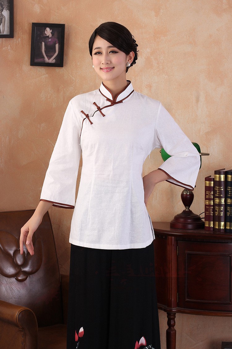 Traditional Cheongsam Style Flax Blouse - White - Chinese Shirts ...