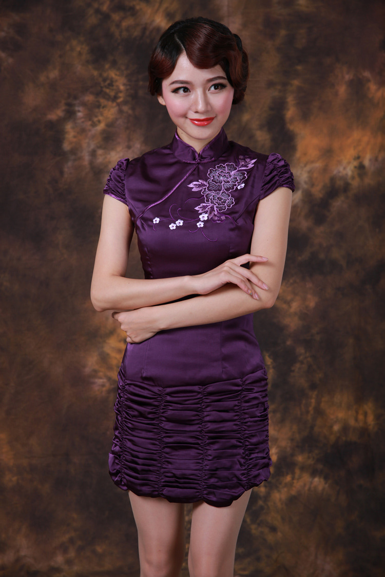 Appealing Modern Puff Sleeves Qipao Cheongsam Dress - Purple - Qipao ...