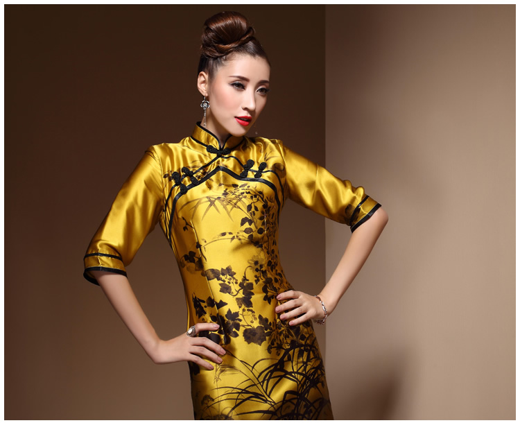 Fabulous Ink Print Golden Silk Cheongsam Qipao Dress - Qipao Cheongsam ...