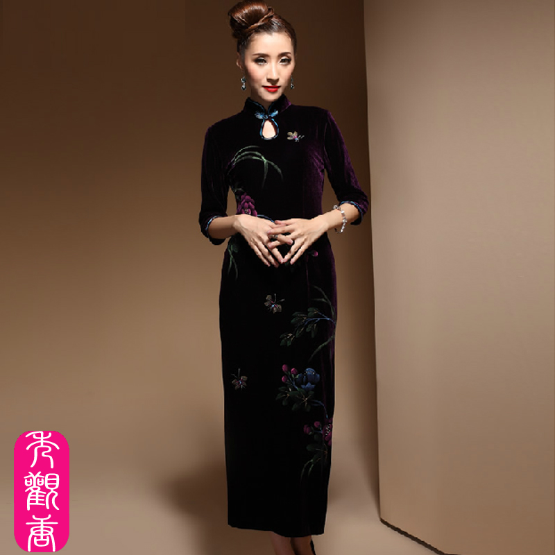 Delightful Butterflies Purple Velvet Long Cheongsam Dress - Qipao ...