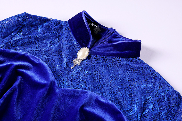 Elegant Long Lace Sleeves Modern Short Velvet Qipao - Blue - Qipao ...