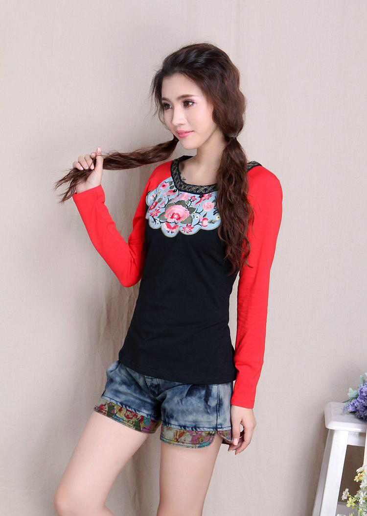 Mandarin Style Scoop Neck Red Sleeve Black Shirt - Chinese Shirts ...