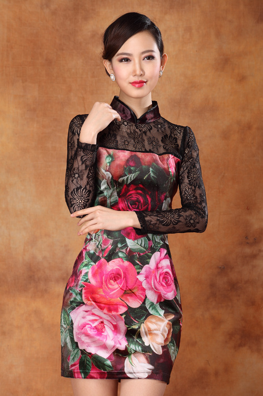 Long Lace Sleeves Modern Short Qipao Dress - Qipao Cheongsam & Dresses ...