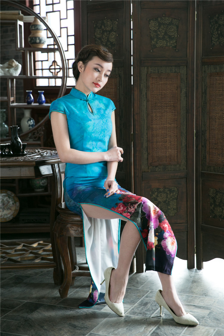 Spectacular Print Long Cheongsam Dress - Blue - Qipao Cheongsam ...