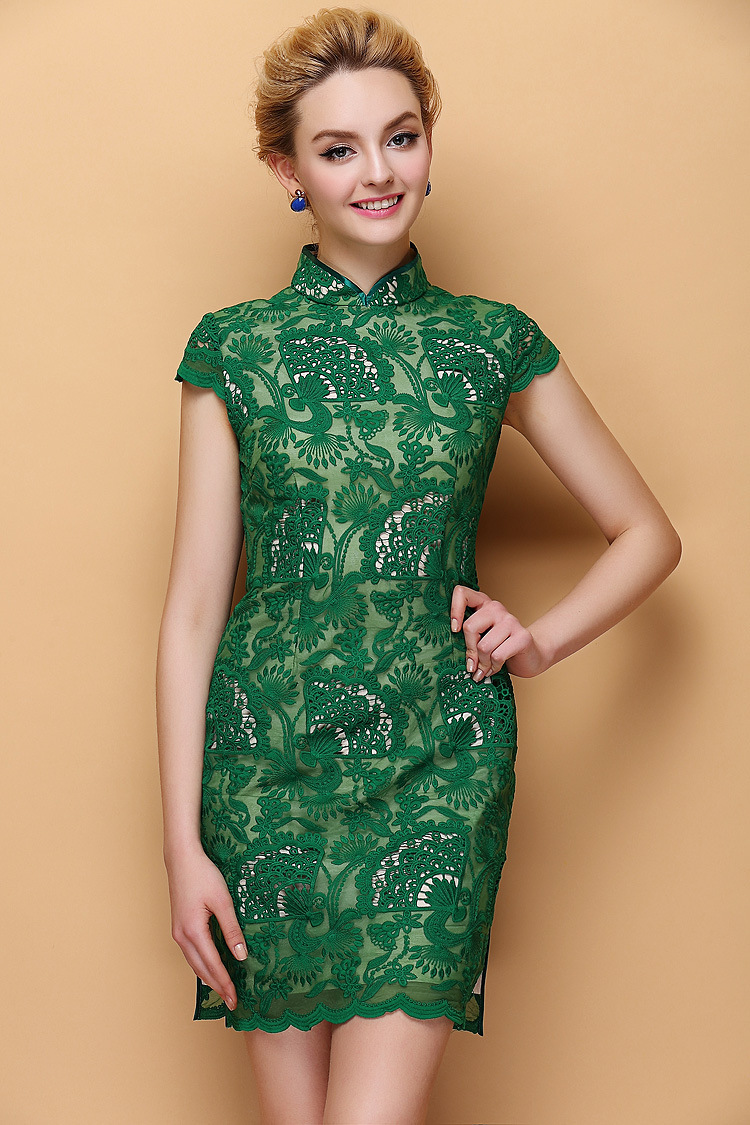 Enchanting Modern Green Lace Short Cheongsam Dress - Qipao Cheongsam ...