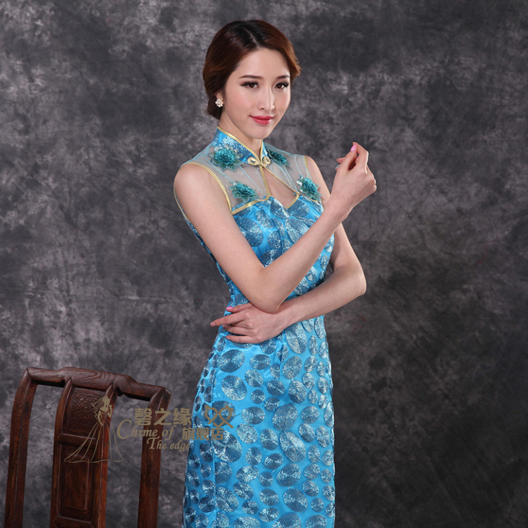 Modern Blue Embroidery Qipao Cheongsam Fishtail Dress - Qipao Cheongsam ...