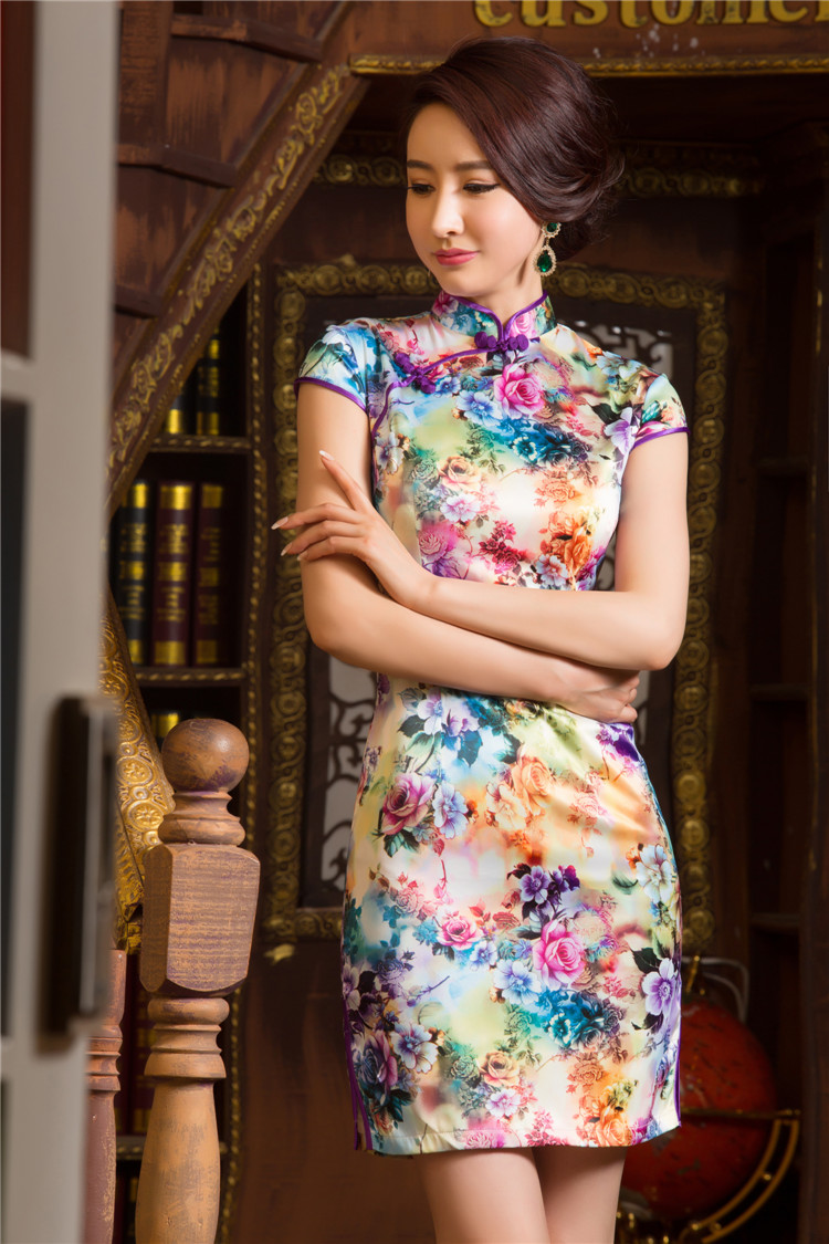 Amazing Purple Flowers Short Satin Qipao Cheongsam Dress - Qipao ...
