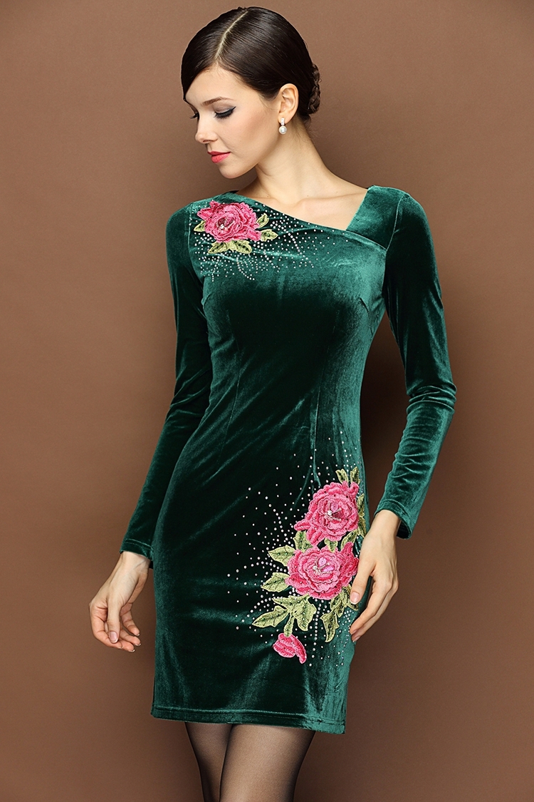 Lovely Embroidery Velvet Modern V Neck Dress - Green - Qipao Cheongsam ...