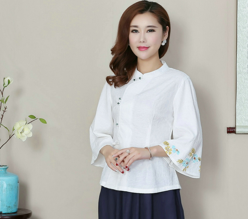 Pleasant Bell Sleeve White Qipao Cheongsam Blouse - Chinese Shirts ...
