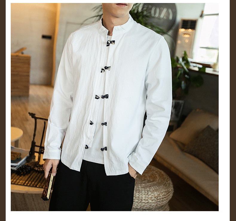 Frog Button Stand-up Collar Cotton Shirt - White - Chinese Shirts ...