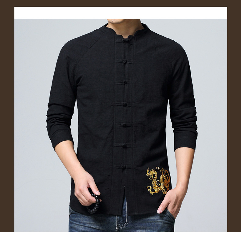 Delightful Golden Dragon Embroidery Chinese Shirt - Black - Chinese ...