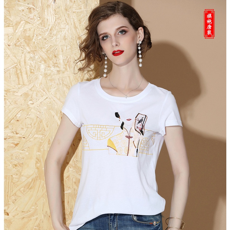 Oriental Style Embroidery White Cotton T-shirt - B - Chinese Shirts ...