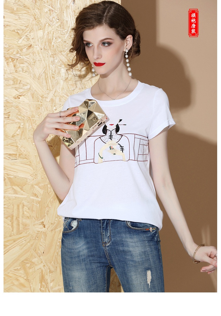 Oriental Style Embroidery White Cotton T-shirt - F - Chinese Shirts ...