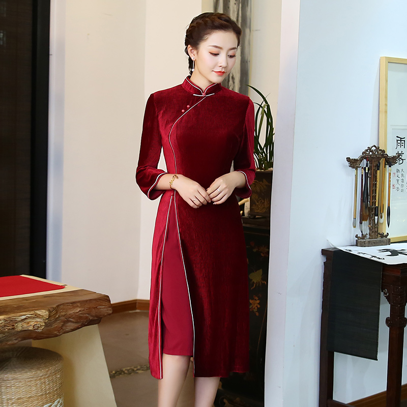 Lovely Red Striped Velvet Cheongsam Qipao Chinese Dress - Qipao ...