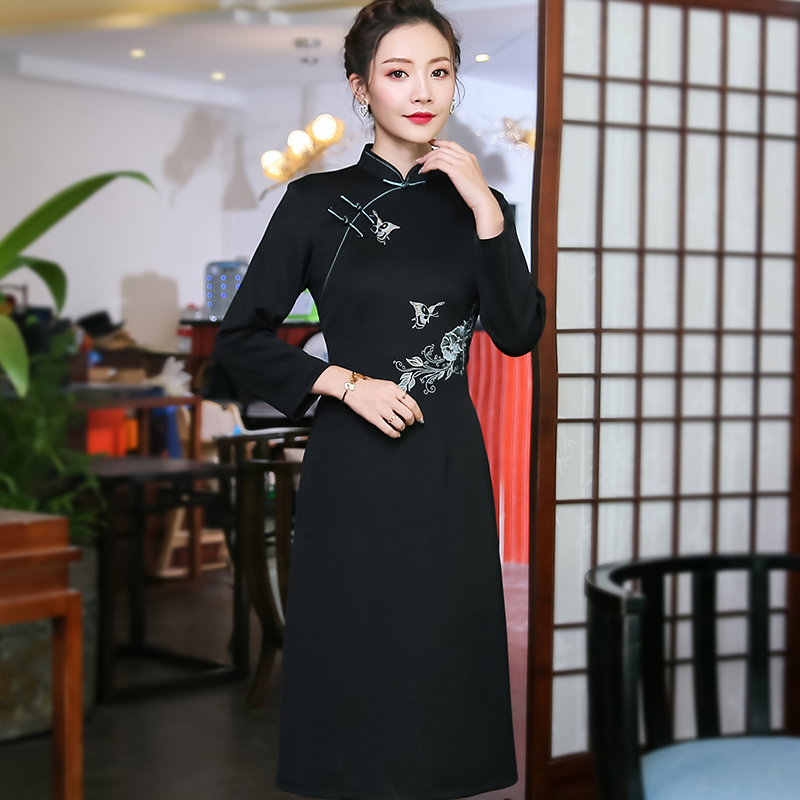 A-line Qipao Cheongsam Chinese Dress Embroidery - Black - Qipao ...