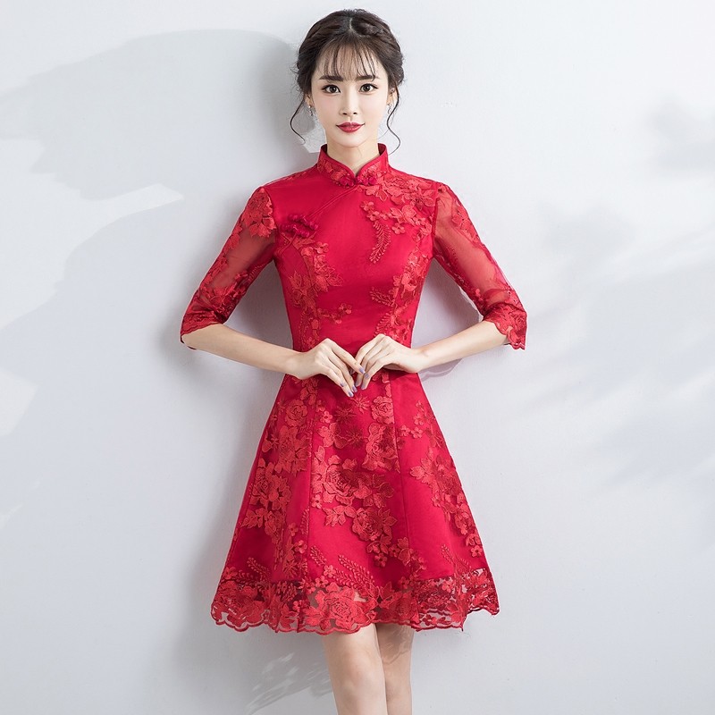 Appealing Lace A-line Dress Qipao Cheongsam - Red - Qipao Cheongsam ...
