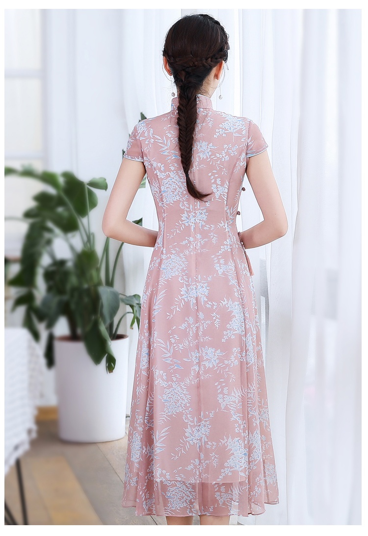 Lovable Floral Print Chiffon A-line Chinese Dress - Pink - Qipao ...