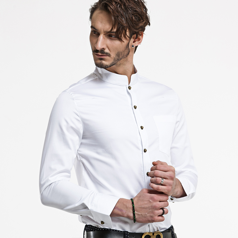 Modern Mandarin Collar Snap Button Shirt - White - Chinese Shirts ...